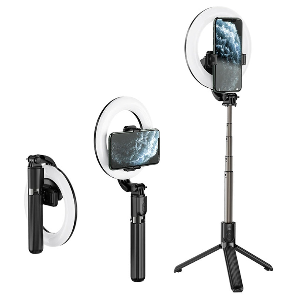 Trépied sans fil pour perche à selfie, support de téléphone avec anneau lumineux et télécommande Trépied sans fil pour perche à selfie, support de téléphone avec anneau lumineux et télécommande